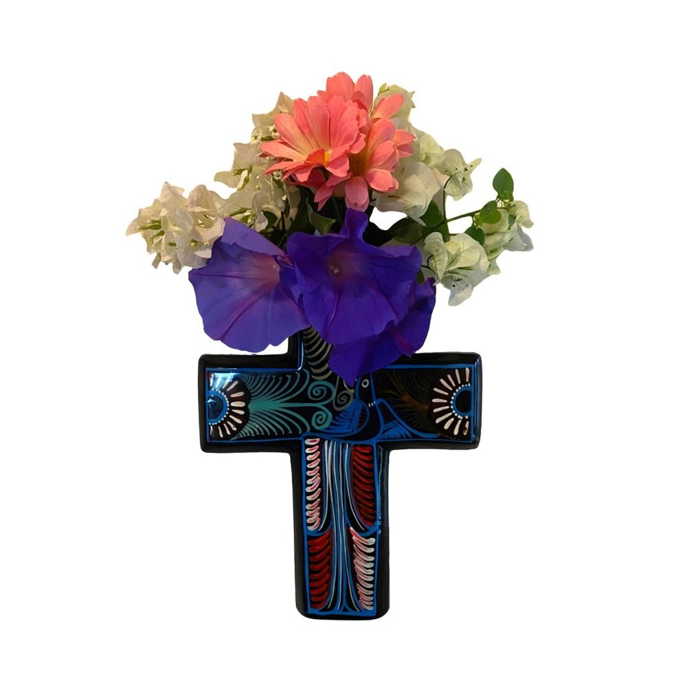 Mexican Hand Painted Cross Wall Pocket Hanging Street Art Talavera Style-Black